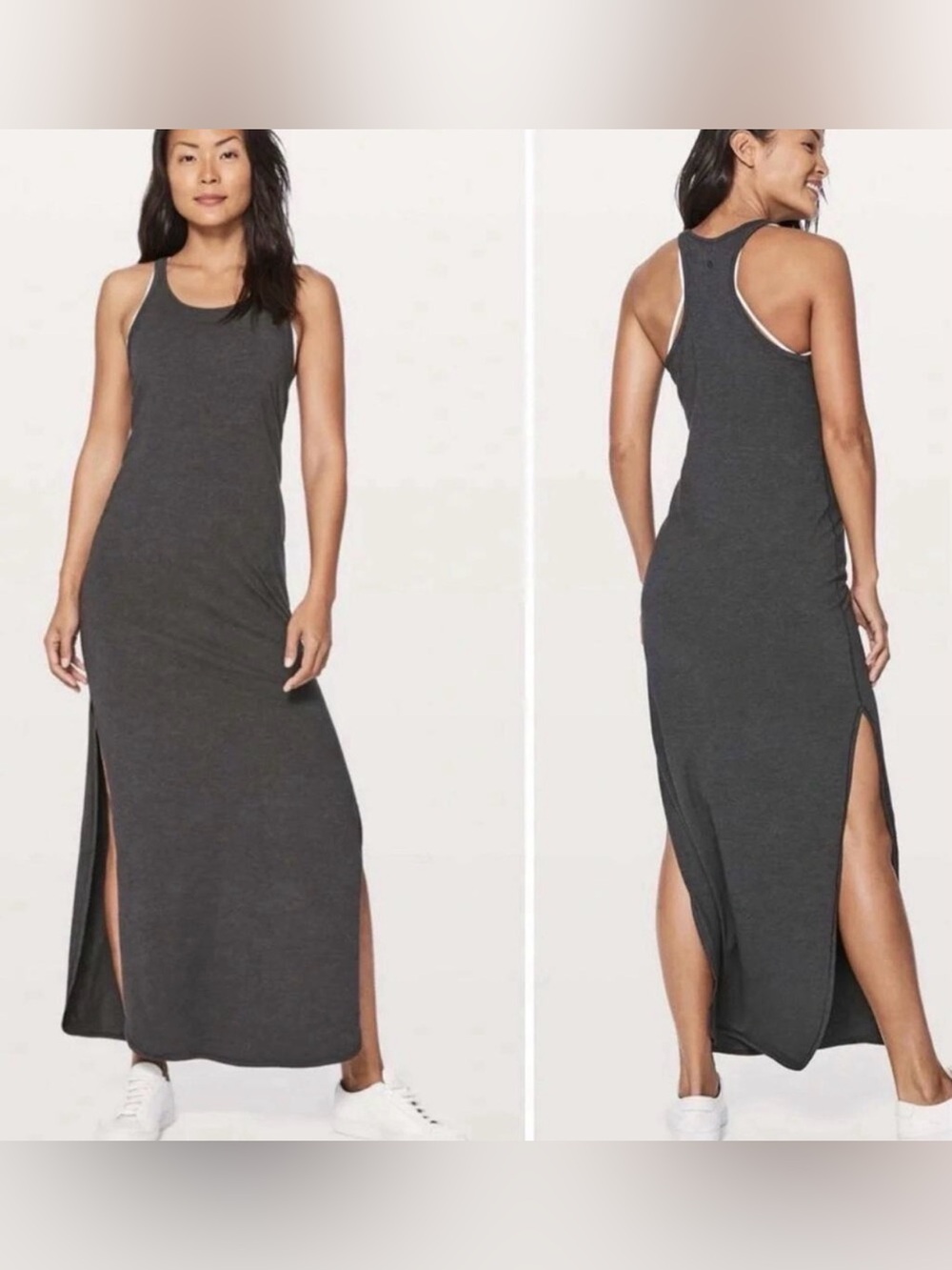 LULULEMON 10 Refresh Racer Back Tank Maxi Dress Dark Heather Gray Side Slits